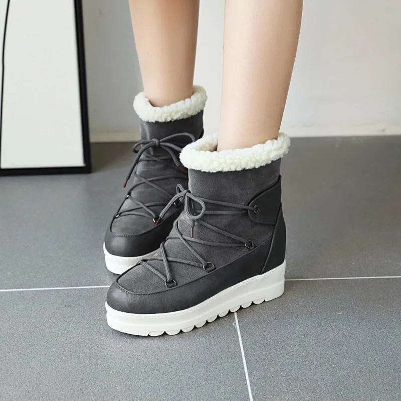 

US4-11 Womens Round Toe Lace Up Platform Ankle Boots Wedge Heel Fleece Liner Warm Winter Thicken Snow Shoes 5Colors Plus Size