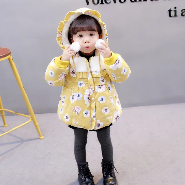 Cute Winter Baby Girls Coat Kids Girls Jacket Warm Children Outerwear Flower Thick Cotton Padding Girls Coat Children Clothing - Цвет: Yellow