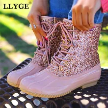 Женские непромокаемые сапоги леопардовой расцветки из водонепроницаемого материала; женские ботильоны на шнуровке с украшениями; модная женская обувь на низком каблуке и платформе; большие размеры
