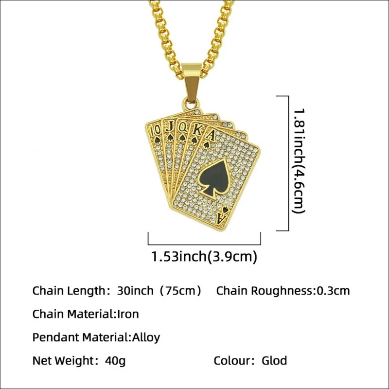 Playing card shape crystal inlaid pendant necklace men's necklace new fashion metal pendant accessories party jewelry