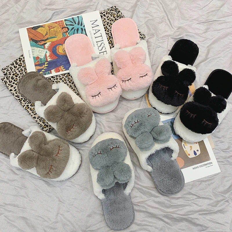 

Winter Fashion Women Home Slippers Warm Cute Animal Shoes Woman Slip on Flats Silk Bowtie Ladies Fur Slides Plus Size