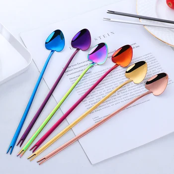 

2 in 1 Spoon Fork Stainless Steel Long Handle Heart Shaped Spoon Bar Drink Cocktail Mixing Spoon Colher