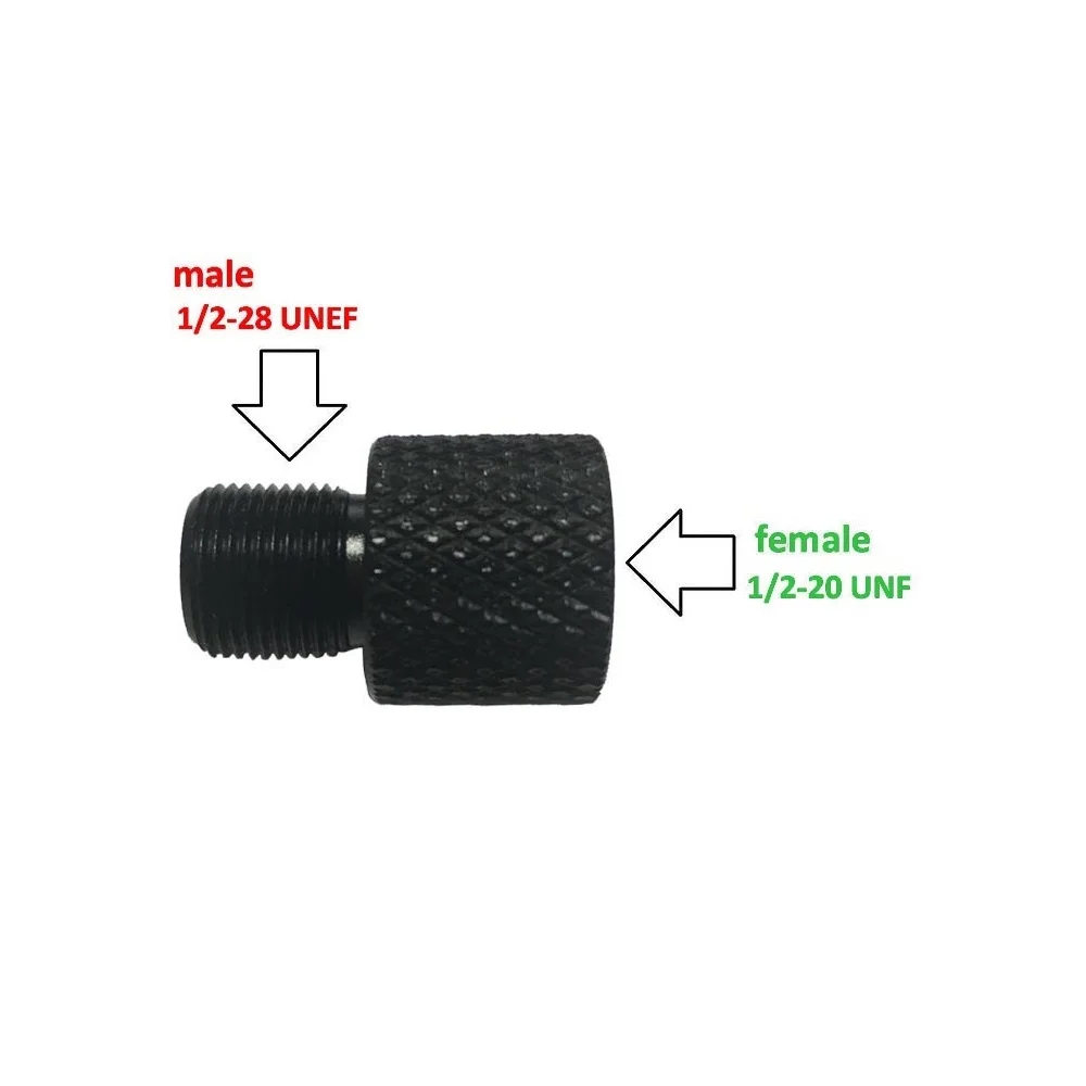 Threaded Adapter 1/2-20 UNF To Male 1/2-28 UNEF or Female 1/2-28 UNF To Male 1/2-20 UNEF Barrel End Female