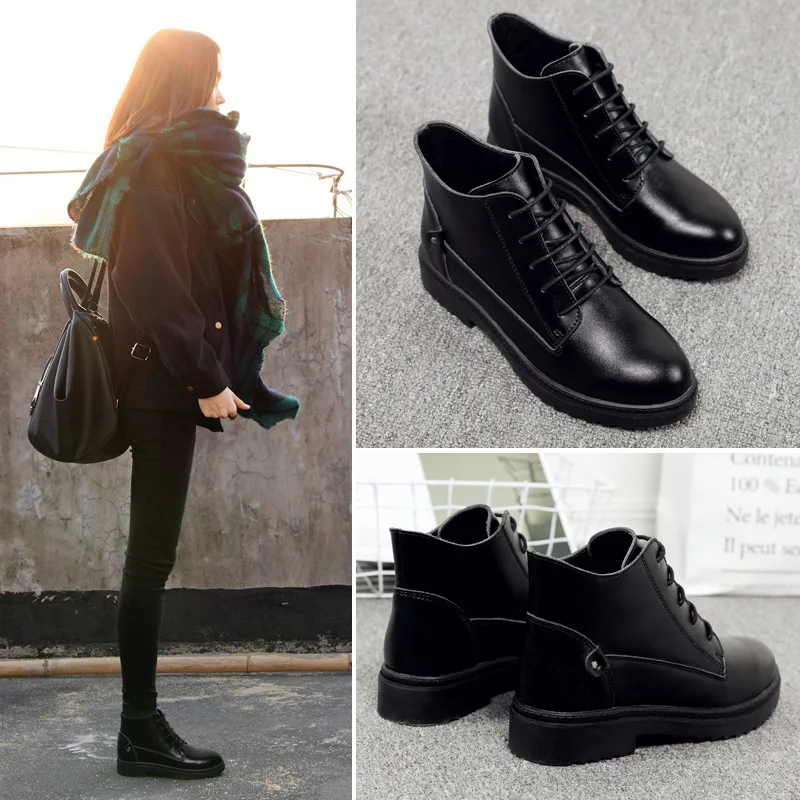 

2018 New Style plus Velvet Martin Boots Women's Mid-top Students England Flat Chunky-Heel Boots Versatile Slimming Short Boots F
