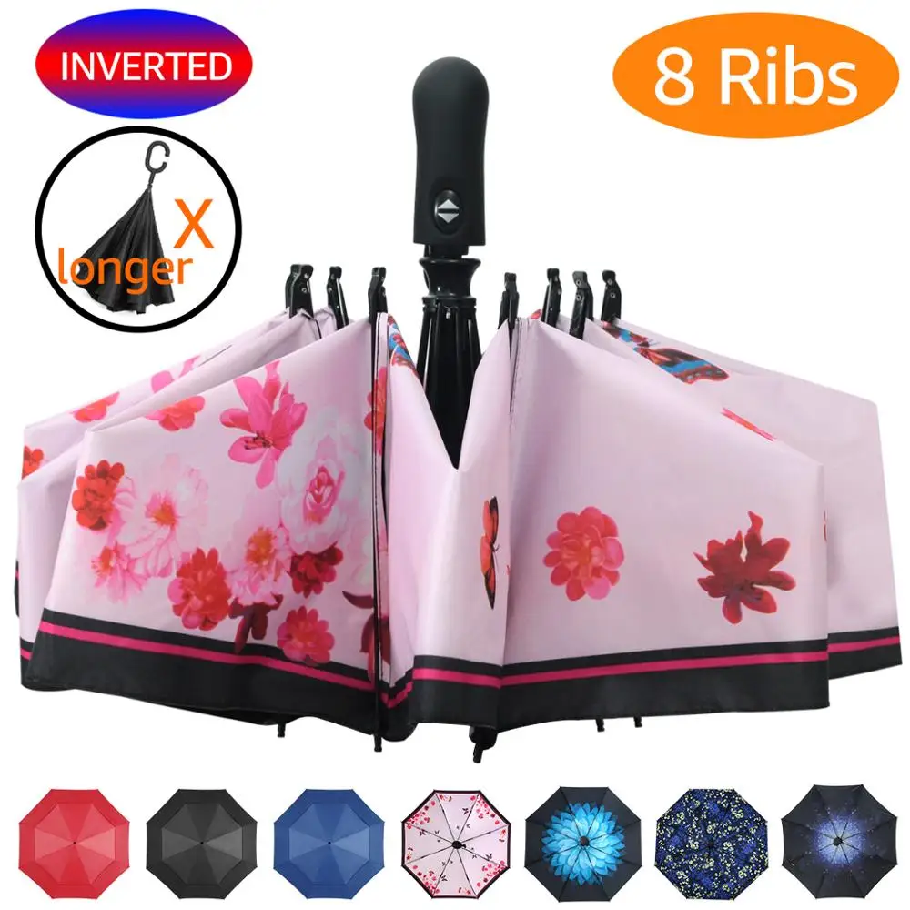 

8Ribs Folding Reverse Automatic Umbrella Fashion Inverted Umbrella Double Layer Windproof Rain Sun Umbrella For Women Men