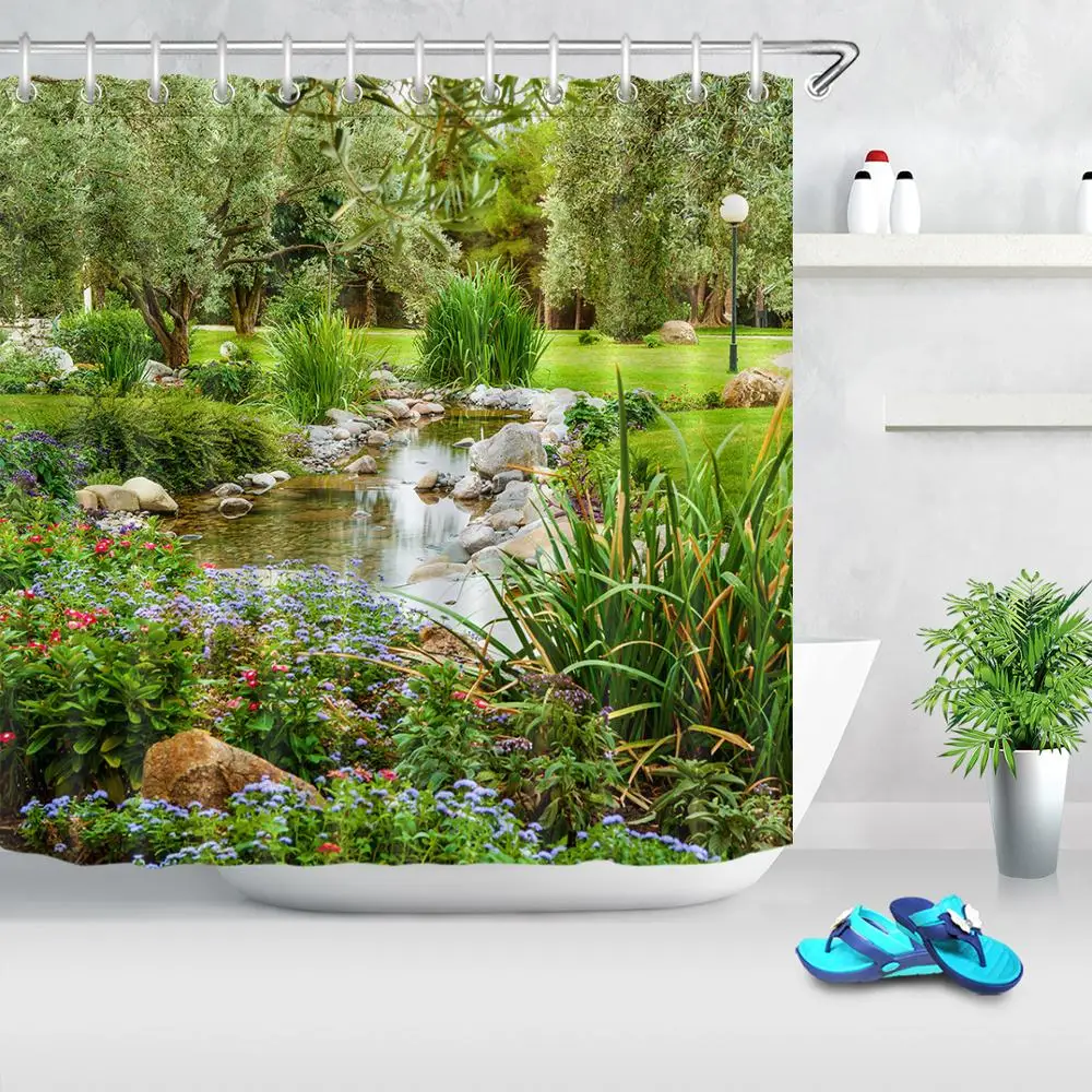 Park Garden Tree Flower Pond Nature Landscape Shower Curtain Bathroom Polyester Waterproof Fabric Curtains Home Bathtub | Дом и сад