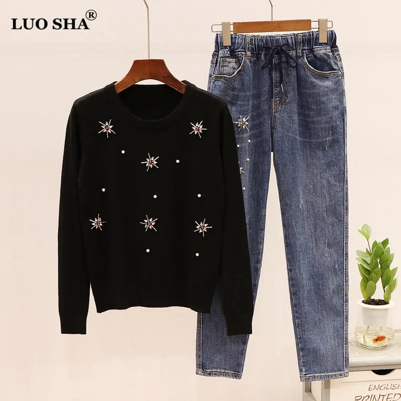 

LUOSHA Two Piece Set Women Autumn New Knitted Pearl Pullover Sweater And Denim Pants Sets 2Piece Tracksuit Women Fashion Outfit
