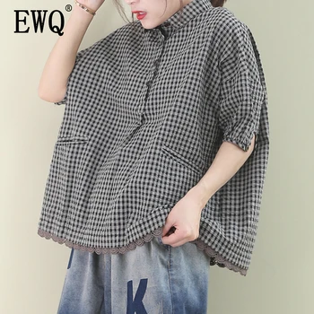 

[EWQ] 2020 Spring Summer New Pattern Lapel Half Sleeve Black Plaid Patchwork Single Breasted Vintage Shirt Women Blouse AK89901