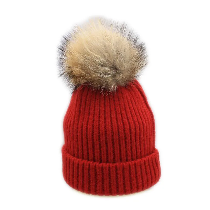 HANGYUNXUANHAO Winter Hat Women Knitted Beanie Hat Real Raccoon Fur Pompom Hat for Female Kids Warm Chunky Thick Stretchy Hat - Цвет: red