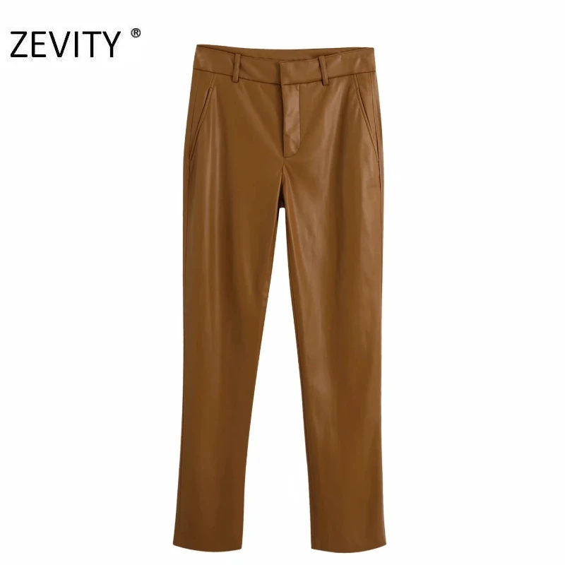 ZEVITY Women fashion solid PU leather straight pants female zipper fly casual slim long Trousers chic autumn business pants P935 ZEVITY Women fashion solid PU leather straight pants female zipper fly casual slim long Trousers chic autumn business pants P935