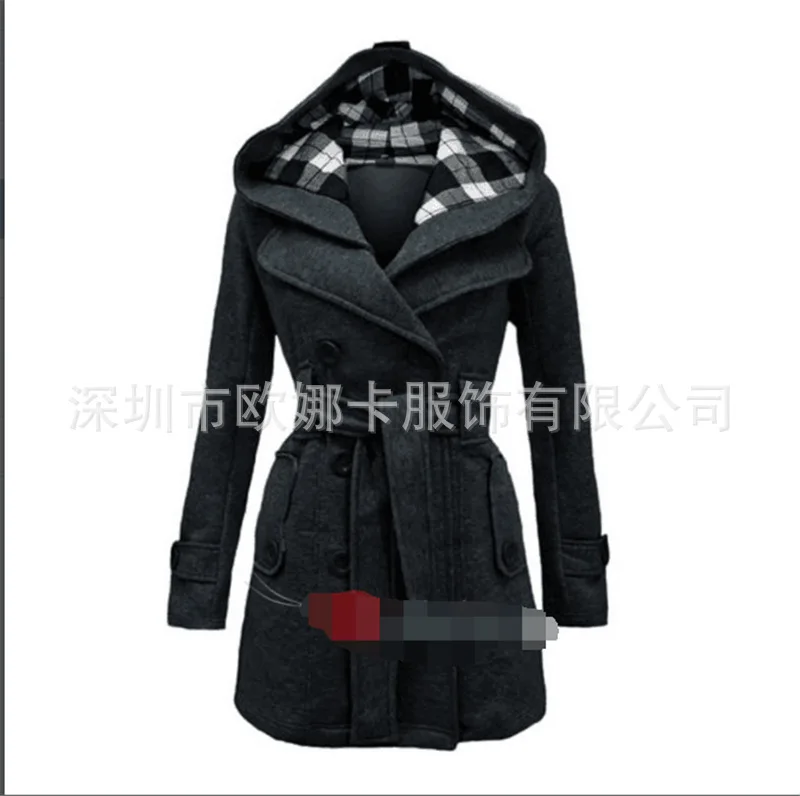 AliExpress EBay стиль шаблон с капюшоном Дафлкот пояс двубортный длинное пальто Высокое качество ткань