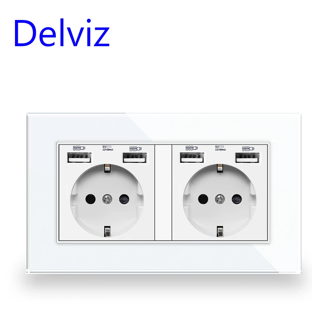 Delviz Double Outlet With USB, Tempered Crystal Glass Panel, 5V 2A USB charging Ports, AC 110V~250V, 16A EU Standard Wall Socket