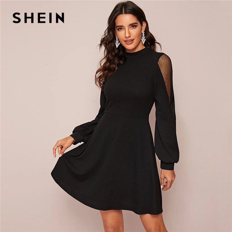 

SHEIN Black Solid Stand Collar Swiss Dot Mesh Insert Elegant Dress Women Spring High Waist Zip Back A Line Flared Short Dresses