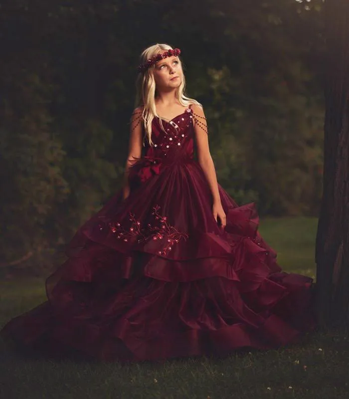 Burgundy Tulle Princess Flower Girls' Dresses for Weddings with Beading Embroidery 3D-Applique Long Sweep Pageant Party Gowns Birthday Dress