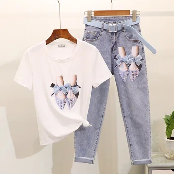 

Summer Lady Vintage Jeans Set Women 2020 New Sequin Screen Shoe Short Sleeve T-shirt + High-waist Jeans Fashion Two Pieces Suit