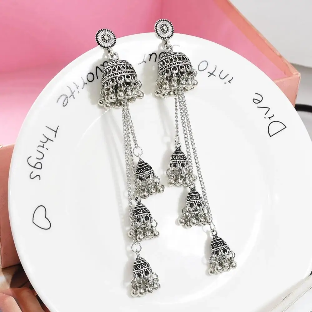 Богемные винтажные Эффектные серьги Jhumka длинные висячие с колокольчиками и