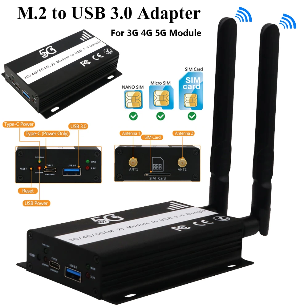 M.2 to USB 3.0 Adapter 2.4G5G Antennas NGFF Key B Wireless Converter with SIM Card Slot 3G 4G 5G