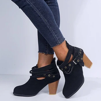 

Women Ankle Boots Vintage Leather Buckle Pointed-toe Black Boots Rome High Heels Square Platform Women Short Winter Shoes Bootee