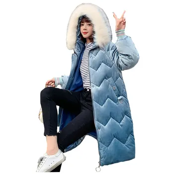 

Long Hooded Fur Coat Velour Winter Down Coat Women Oversize Jacket Bakery Cotton Padded Wadded Parkas Wind Breaker Sleeves