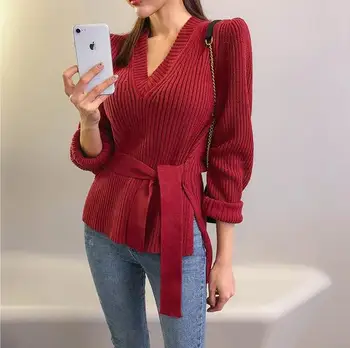 

Autumn Winterv neck Women Sweaters Lady Chic Lace Up Waist Women Long Sleeve Sweaters Female Split Pullovers Warm Sweater