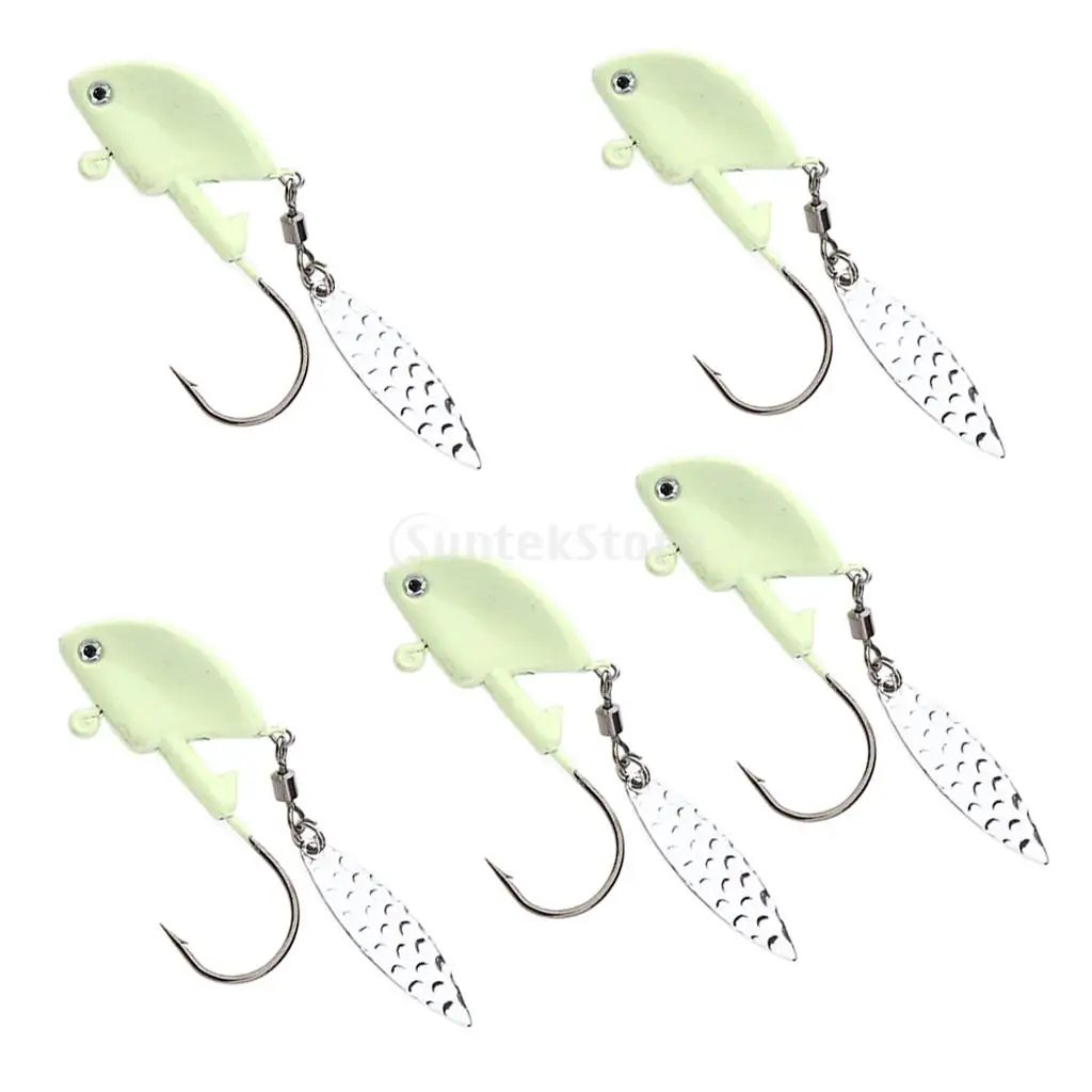 5pcs Shad Jig Heads Luminous Fishing Lures Underspin Swimbait Hooks with Spoon for Saltwater and Freshwater Bass Walleye