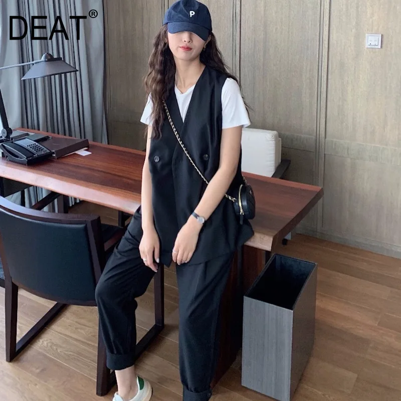 

DEAT Black V-neck Double-breasted Suit Vest High Waist Curling Trousers Ladies Office Suit Simple Fashion 2019 Autumn New TD060
