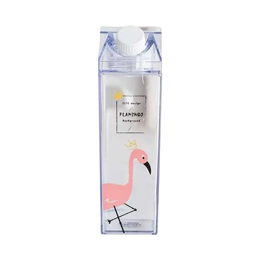 Crown flamingo 500ml Cute Flamingo Water Bottle Milk Box Shape Transparent Plastic Portable Drinking Water Bottle BPA Free Outdoor Travel - Цвет: Crown flamingo