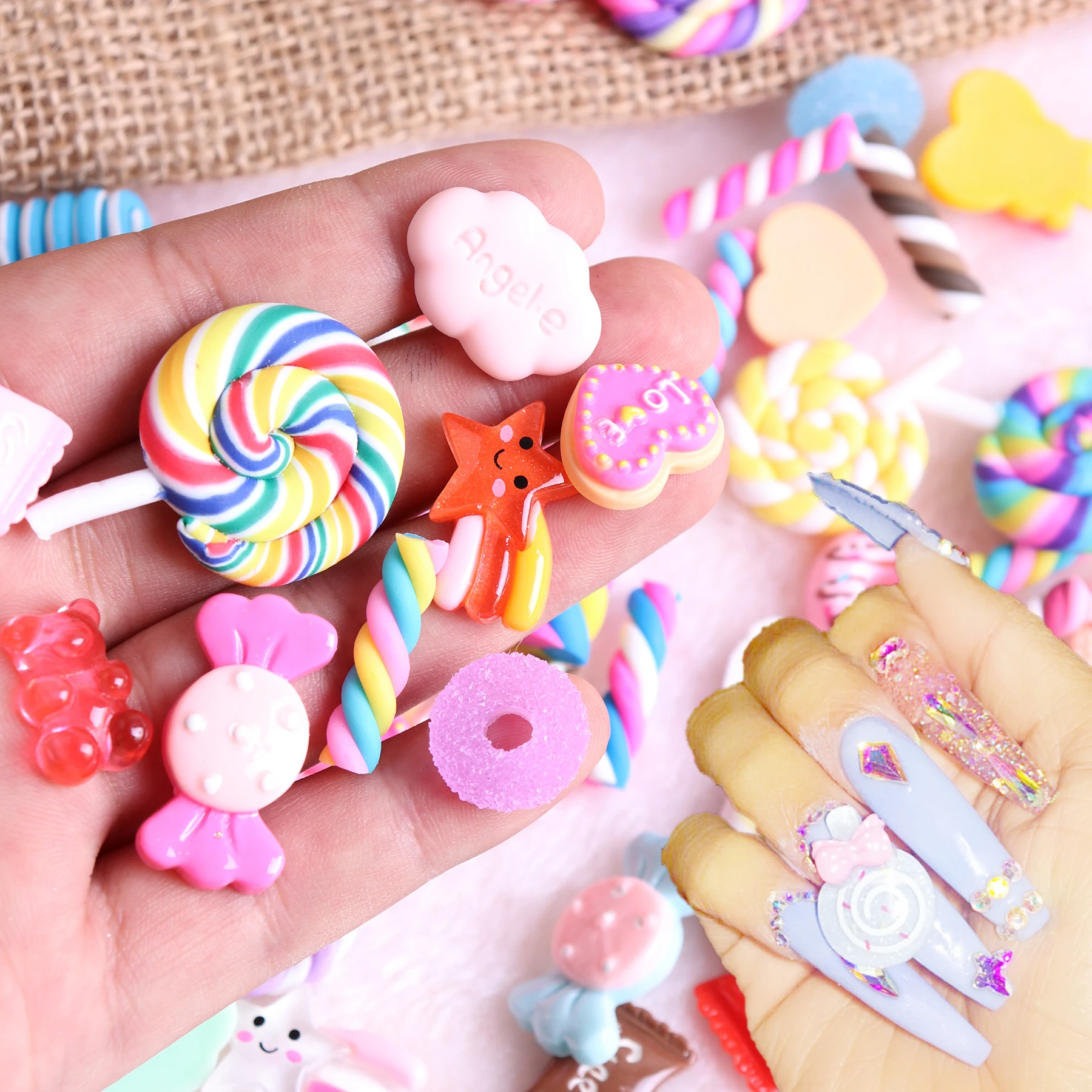 30PCS Nail Decor Kawaii Mixed Jelly Lollipop Clay 3D Assorted Candy Acrylic Nail Rhinestones Decoration Manicure Tool Art Tips