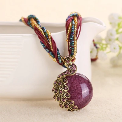 Ожерелье Павлин, натуральный камень, толстые витые бусины, цепочка, ожерелье, чокер, этнический, бохо, богемный стиль, массивные украшения - Окраска металла: purple-red necklace
