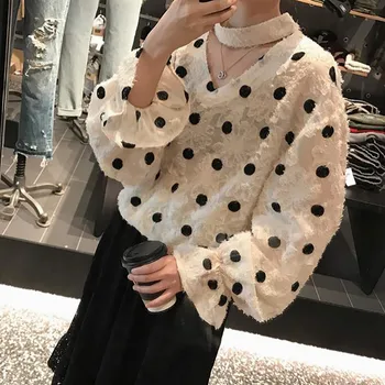 

Vintage Jacquard Chiffon College Wind V-Neck Long Sleeve Temperament Polka Dot Loose Versatile Blouse