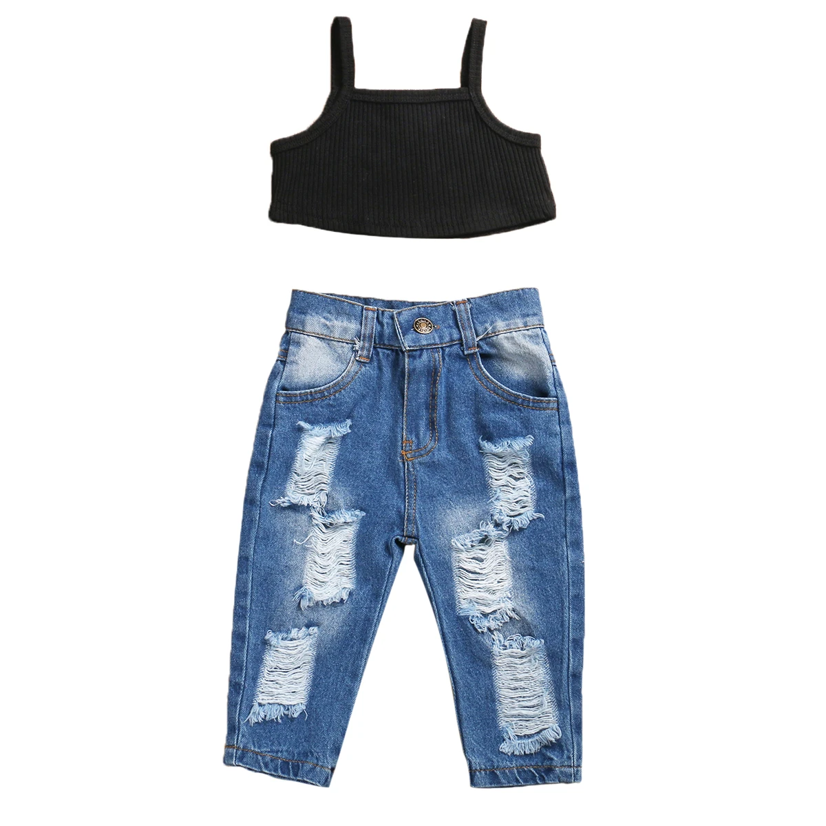 1-5Y Summer Kids Baby Girls Outfit Sets 2Pcs Solid Sleeveless Sling Camis Ribbed Crop Top Ripped Jeans Pants Fashion Girl Sets kids clothing set girls clothing set