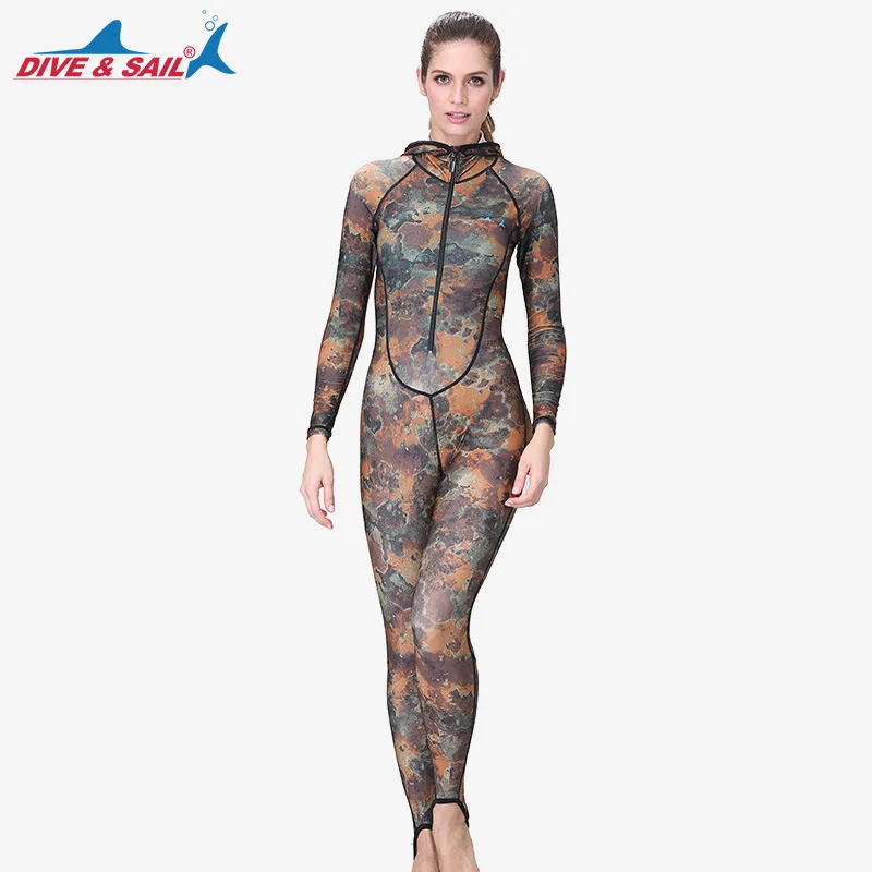

Divesail Women's Camouflage Diving Suit One-piece Zipper Sun-resistant Diving Suit Anti-Acid with Chest Pad Hooded Bathing Suit