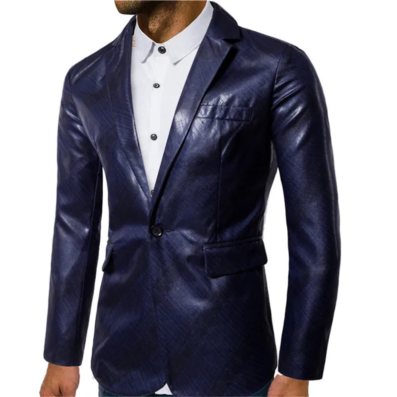 Брендовая кожаная куртка яркого цвета для мужчин, модный полосатый пиджак на одной пуговице, Cuir Homme, высококачественный приталенный Блейзер из искусственной кожи - Цвет: Navy