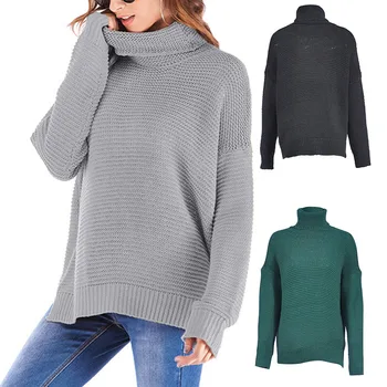 

Womens High Neck Long Sleeve Sweater Solid Color Warm Loose Pullover Sweater FS99