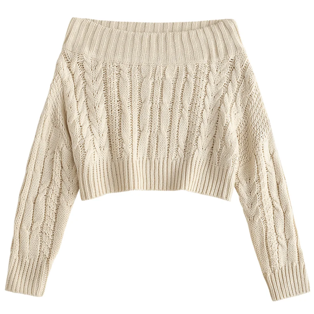 Beige ZAFUL с открытыми плечами толстый вязаный свитер джемпер вязаный с длинным рукавом Короткие пуловеры Топы укороченный свитер - Цвет: Beige