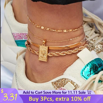 

4Pcs/Set Bohemian head portrait Pendant Anklet Set Snake Chain Leg Foot Bracelet Chunky Chain Handmade Bracelet Set for Women