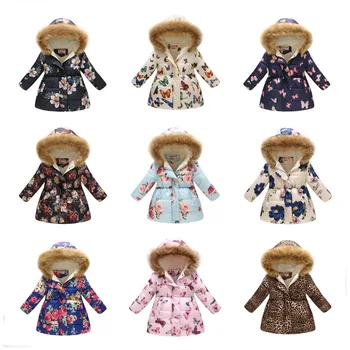 

Girls Winter Thicken Coats Children Fashion Print Cartoon Coat Fur Collar Hooded Cotton Warm Jacket Multicolor Outerwear