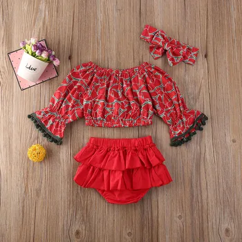 買取 Pudcoco 新生児ガールスイカ服トップスフリルショーツパンツカチューシャ衣装ホット販売