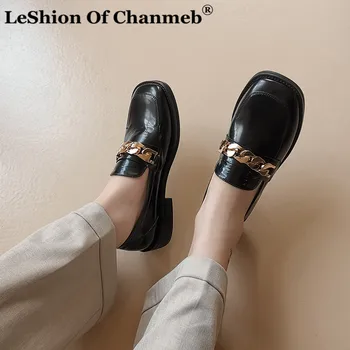 

Natural Cow Leather Loafers Women Handsome Gold Metal Chain Shoes Woman Big Square Toe Flats Slip on Casual Shoes Ladies Creeper