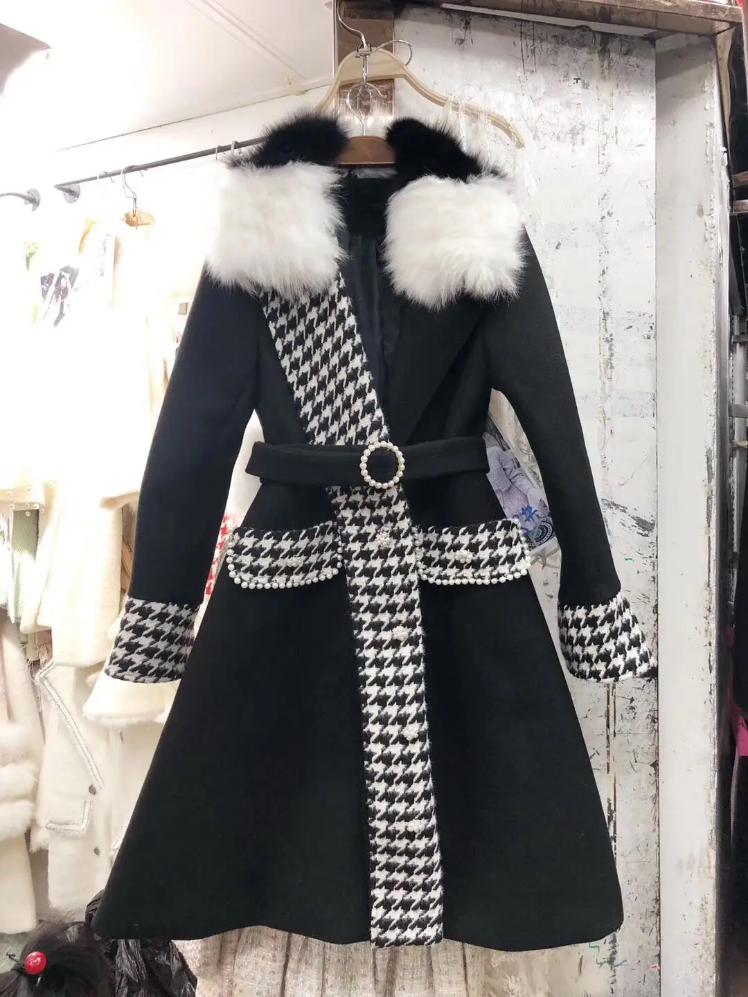 Fox Fur Pocket Houndstooth Plaid patchwork Women Wool Coat High Quality Warm Winter Top Coat Long Sleeve woolen coat