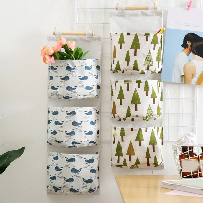 Wall Mounted Storage Bag with 3 Pockets Linen Fabric Waterproof Wall Door Closet Hanging Organizer for Bedroom Bathroom LBS 5