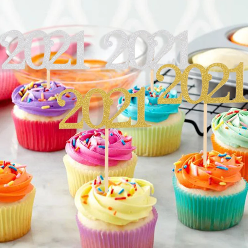 

12pcs 2021 Cake Toppers Happy New year party decoration Cupcake Topper decor 2021New Year Eve Party Christmas Navidad cake Flags