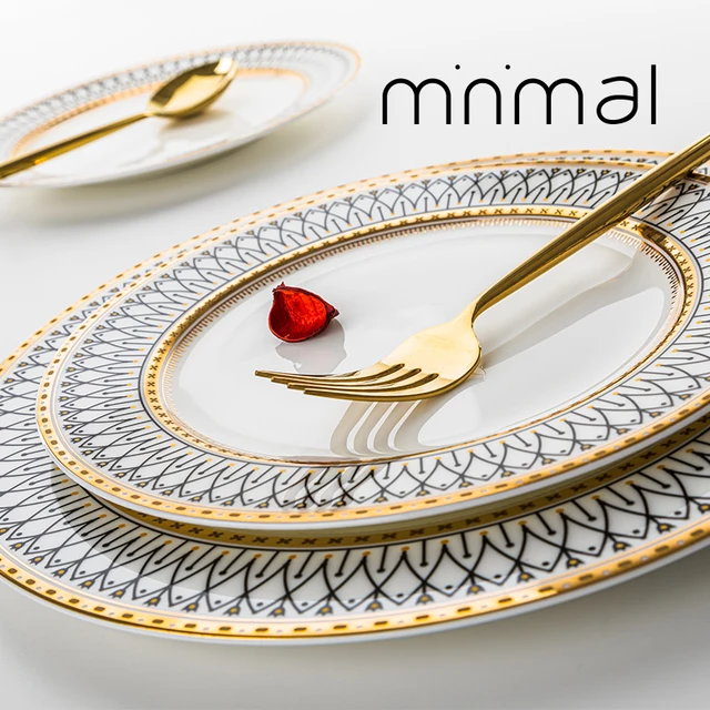 Finom Csont Kerek Aranyütemű Kerámia Vacsora Tányér Porcelán Steak Asztali Edények Rizsleves Tál Kanál Edény Otthoni Dekoráció - Image 6