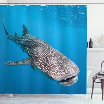 

Sea Animals Shower Curtain, Whale Shark Swimming Predators Hunter Clear Water Under The Sea Picture Print, Cloth Fabric Bathroom