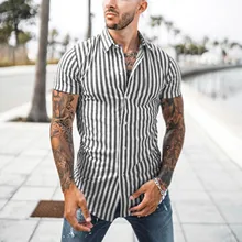 Chemises d'été rétro à la mode pour hommes, coupe élégante, en coton et lin, hauts rayés à boutons, revers ample, Blouse à manches courtes, M 3xl