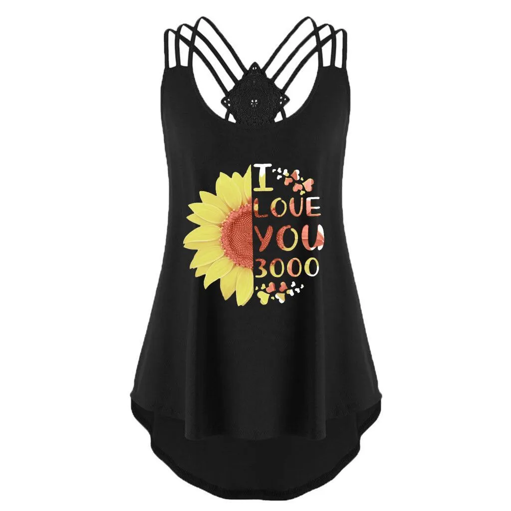 I Love you 3000 Women Casual Tank Top Plus Size Sunflower Print Tshirt Top Sleeveless Women Summer Tops Camiseta Tirantes Mujer