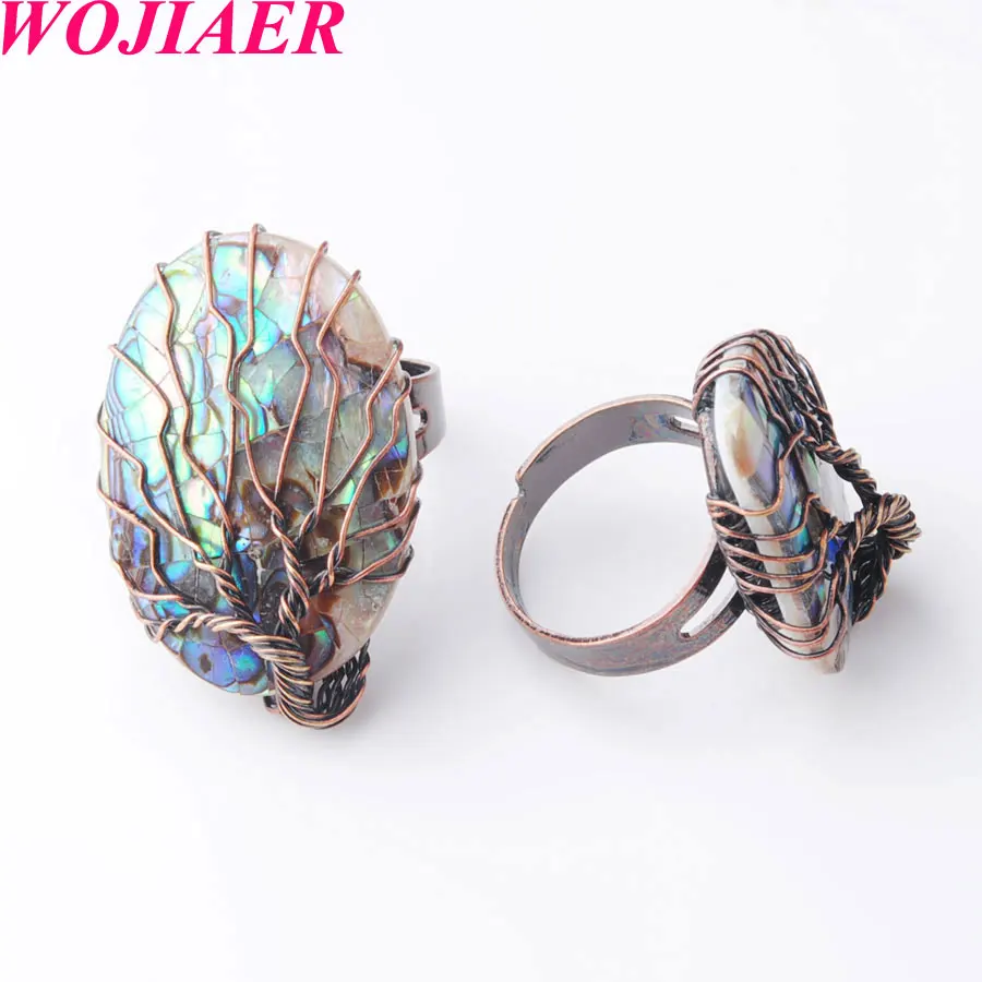 

WOJIAER Antique Rings for Women Vintage Finger Jewelry Natural Abalone Shell Bead Wire Wrapped Tree of Life Adjustable Ring 1PCS PBX800