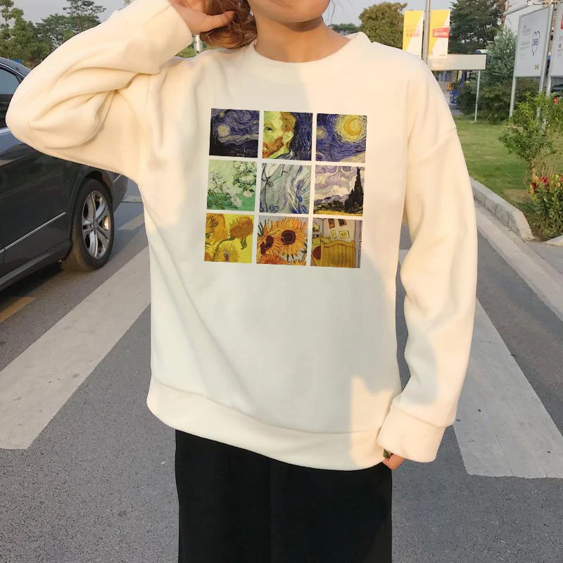Новинка зимы, Модные свободные топы с длинными рукавами и принтом Ван Гога в винтажном стиле Harajuku Ulzzzang ins