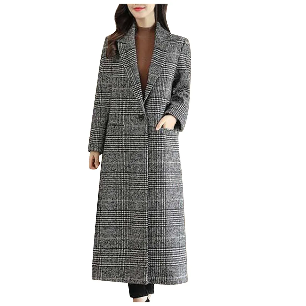 Серый KANCOOLD Spring Autumn Women's Wool Plaid Coat New Fashion Long Woolen Coat Slim Type Female Winter Wool Jackets - Цвет: Серый