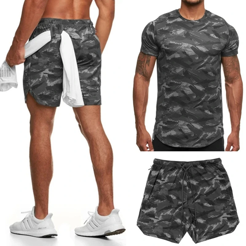 2023 new Camouflage printed T-shirt sports suit couple quick dry casual running suit summer short sleeve shorts 2-piece set